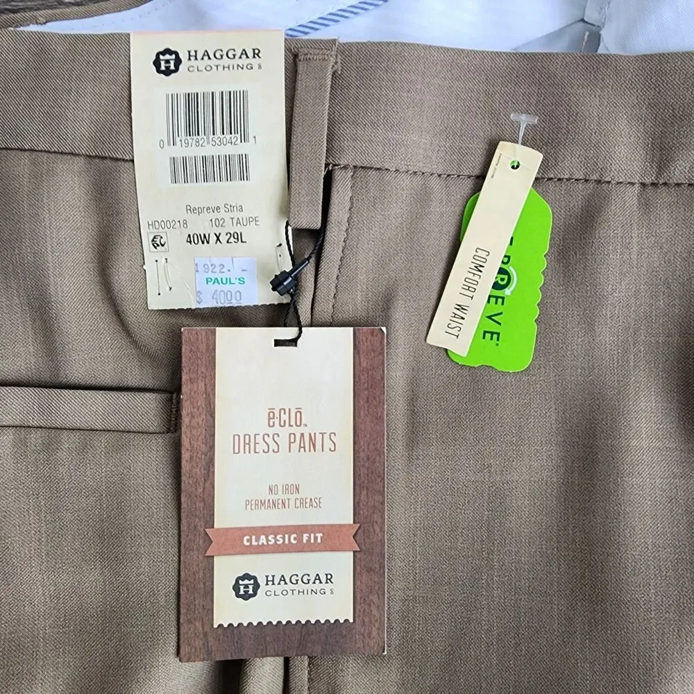 ​Haggar E-Clo Stria Dress Pants Men 40x29 Taupe Brown Classic Fit NWT Repreve